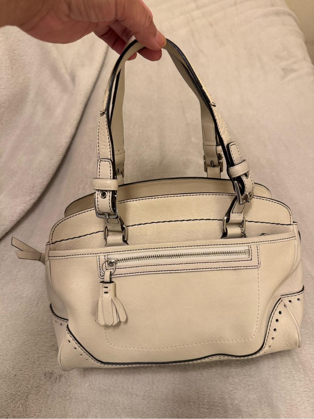 Coach Cream Leather Shoulder Bag with Tassel Zip